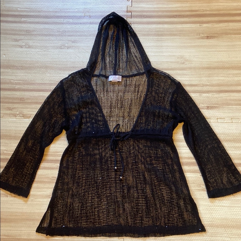 Black Mesh Hooded Swim Coverup with V-Neck